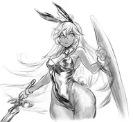 1girl artist:unknown bunny_ears bunny_suit granblue_fantasy leotard long_hair monochrome pantyhose shield sword tan weapon zooey // 1200x1100 // 412KB
