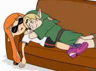 1boy 1girl artist:jacinth blonde_hair colored couch crossover hat inkling inkling_girl laying_down link pointy_ears short_hair sleep smile splatoon the_legend_of_zelda tunic young_link // 1751x1293 // 1.4MB