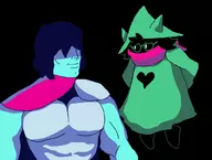 2boys blue_hair buff colored deltarune glasses hat heart kris parody ralsei scarf short_hair shy smile // 1014x766 // 101KB