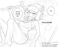 1girl :D artist:onion_jigoku bed c'venash hammer lineart monochrome no_background pillow pomf psychopomp smile smiling speech_bubble text vishneri // 1326x1080 // 424KB