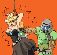 blonde_hair blue_eyes bowser colored crown doom doomguy dress gloves helmet horns long_hair princess_bowser punching super_crown super_mario // 882x846 // 183KB