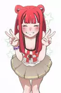 1girl blush cleavage colored eyes_closed long_hair peace_sign pettanko_park pettanko_park-chan red_eyes scrunchie skirt small_breasts smile star // 1195x1827 // 329KB