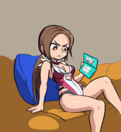 1girl artist:unknown brown_eyes brown_hair console couch handheld julia_chang leotard nintendo nintendo_ds pillow pony_tail sitting tekken // 1851x2027 // 297KB