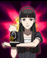 1girl black_hair brown_eyes colored headband long_hair persona persona_(series) persona_4 pose power_rangers sentai shin_megami_tensei smile yukiko_amagi // 733x897 // 467KB