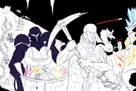 1boy 1girl apron artist:scorndude bat cart cave cleavage creeper crystals dark_samus diddy_kong donkey_kong_(series) drink headcrab health_bar huge_breasts metroid metroid_prime minecraft pickaxe rocks scorn scorn_guy soda spider steve super_mario sweat sweating // 3127x2096 // 3.1MB