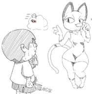 animal_crossing artist:rawrunes banana isabelle male_villager mayor monochrome olivia suggestive sweat villager // 1074x1097 // 474KB