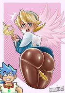 1boy 1girl artist:pummies! ass breath_of_fire cameltoe from_behind looking_over_shoulder nina pantyhose pussy_juice ryu smile wings // 1668x2388 // 1.4MB