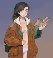 1girl alma artist:dairenke backpack book bottomless breasts brown_eyes brown_hair monster_hunter monster_hunter_wilds panties solo // 1117x1203 // 833KB