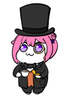 1girl artist:gusgux business_suit chibi doro drink goddess_of_victory_nikke monocle pink_hair pocket_watch purple_eyes ribbon top_hat // 1258x1842 // 168KB