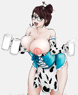 1girl artist:nowayfag breasts breasts_out cleavage cow_print huge_breasts lactation maid mei-ling_zhou milk overwatch // 1628x1989 // 1.5MB