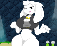 1girl 2boys anthro artist:unknown breasts cave_story cleavage cleavage_cutout colored crotch furry huge_breasts looking_at_viewer mimiga navel thick_thighs tummy wide_hips wink // 1250x1000 // 659KB
