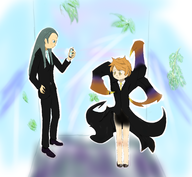 amber_eyes blue_eyes blue_hair colored etrian_odyssey orange_hair phone ren tlachtga // 2500x2300 // 2.8MB