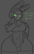 1girl artist:unknown breasts bulge dialogue futanari hand_on_hips hourglass_figure huge_breasts looking_at_viewer penis project_turboblast robot skintight skintight_suit tempo text text_dialogue thick_thighs wide_hips wink // 750x1200 // 214KB