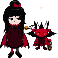 1boy 1girl 2018_halloween_collab ashley bat black_hair blood bow candy colored costume fangs fertile_priest halloween halloween_collab horns ponytail pumpkin red_(warioware) smile vampire warioware wings // 2039x2032 // 505KB