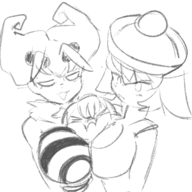 1boy 2girls artist:unknown darkstalkers hsien-ko huge_breasts q-bee // 458x458 // 87KB