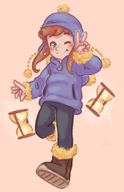 1girl a_hat_in_time artist:sunshine_memoir blue_eyes boots brown_hair coat colored happy hat_kid hood hourglass peace_sign pose short_hair smile time_piece wink winter_clothes // 439x679 // 200KB