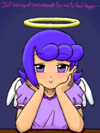 1girl alouette angel angel_wings artist:marielx blush colored halo hand_on_cheek looking_at_viewer mega_man_(series) mega_man_zero purple_hair text wings // 480x640 // 148KB