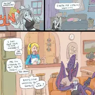 1boy 2girls angry apron artist:bishopbb colored comic crossover fang fang_(gvh) furry goodbye_volcano_high metroid parody ridley sad samus_aran text zero_suit_samus // 1600x1600 // 627KB