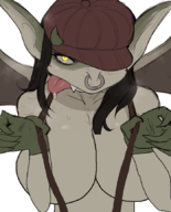 artist:unknown bedroom_eyes breasts colored deadlock drool drooling ears edit eyelashes gargoyle hat horn huge_breasts ivy nose_ring ring saliva sexy suspenders third_party_edit tongue tongue_out valve // 697x862 // 568KB
