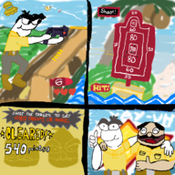 2boys artist:runebrave bird bullet comic dr.don gun happy multiple_scenes oc player_character point_blank_(series) shooting smile smiling smug text ufo // 720x720 // 340KB