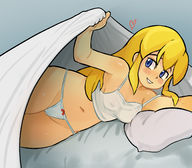 artist:2x bed blanket blonde_hair blue_eyes breasts long_hair mega_man_(series) navel nipples pajamas panties pillow roll thong // 1392x1220 // 1.1MB