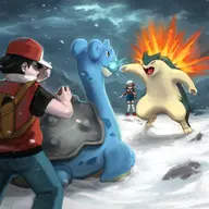 1boy 1girl artist:kujalla lapras lyra pokemon pokemon_hgss pokemon_rby red typhlosion // 1920x1920 // 1.7MB
