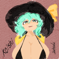 bikini blue_hair breasts green_eyes hat huge_breasts koishi_komeiji // 720x720 // 981KB