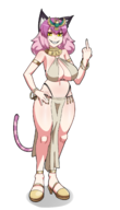 1girl animal_ears artist:pufflestown catgirl cheshire_cat dark_souls egyptian middle_finger pink_hair sharp_teeth solo tail yellow_eyes // 1264x2213 // 706KB
