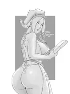 1girl aisha artist:unknown ass hat monochrome monster_girl naked_apron pen sideboob thong // 2048x2732 // 457KB