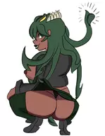 ass dark_skin fukua green_eyes green_hair huge_breasts nipples skirt_lift skullgirls squat thong thumbs_up tie // 2840x3661 // 1.0MB
