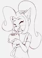 1girl bow coco_bandicoot crash_bandicoot_(series) drink eyes_closed lineart overalls ponytail smile tongue // 665x900 // 242KB