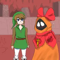 1boy 1girl background blue_eyes blush bow brown_hair colored hat key link oracle_of_seasons rosa rosa_(the_legend_of_zelda) short_hair smile subrosia the_legend_of_zelda tunic // 1300x1300 // 809KB