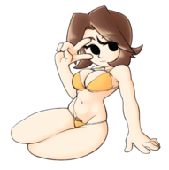 1girl artist:coolstylefag bikini breasts brown_hair cleavage mii mii_gunner peace_sign pubic_hair short_hair solo // 1550x1560 // 739KB