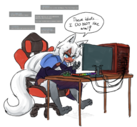 1boy 4chan animal_ears artist:chaikodog berwyn blue_eyes blush bulge chair colored computer corruption_of_champions_ii cum fang long_hair precum shaking sitting smile solo speech_bubble sweat tail tears text tsundere white_hair // 1306x1212 // 792KB