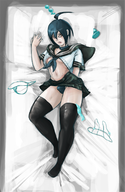 1boy ahoge anal_beads blue_hair boner bulge condom crossdressing danganronpa danganronpa_v3 grey_eyes laying_down panties school_uniform short_hair shuichi_saihara skirt thigh_highs uniform // 1098x1687 // 1.1MB