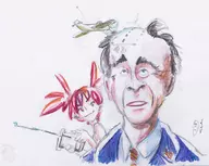 1boy 1girl artist:clm bald blue_eyes colored disgaea etna george_bush landing_strip plane pointy_ears red_eyes red_hair shaved suit text tie traditional_medium twintails // 1252x1000 // 453KB