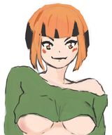 1girl artist:unknown black_hair blush colored gardenia orange_eyes orange_hair pokemon pokemon_dppt short_hair smirk solo underboob // 804x967 // 396KB