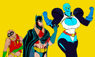 1girl 2boys artist:scorndude batman blue_eyes cleavage colored cosplay dark_samus green_eyes huge_breasts mask metroid metroid_prime mold_man penis robin scorn scorn_guy super_hero yellow_eyes // 3347x2030 // 1.6MB
