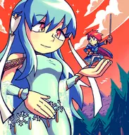 1boy 1girl artist:setz blue_eyes blue_hair cape cloud colored eliwood fire_emblem giant giantess long_hair ninian red_hair short_hair sky snowflake sword tree weapon // 977x1023 // 1004KB