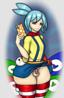 1boy alternate_costume artist:piopoi blue_hair chastity heterochromia phone puyo_puyo selfie sig thigh_highs trap // 1050x1582 // 1.2MB