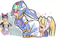 1boy 3girls alouette anilingus animal artist:robojanai bent_over blonde_hair blue_eyes blush cat ciel colored eyes_closed fairy_leviathan heart long_hair mega_man_(series) mega_man_zero shaking sweat zero // 1454x957 // 1.2MB
