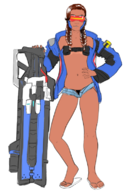 1girl alejandra artist:necrolepsy beltbra colored cosplay dark_skin goggles gun midriff soldier_76 // 519x773 // 225KB