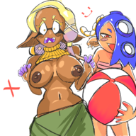2girls artist:unknown beach_ball blonde_hair blue_hair blush dark_skin fyre nipples piercings red_eyes sarong shiver splatoon sweater swimsuit yellow_eyes // 720x720 // 388KB