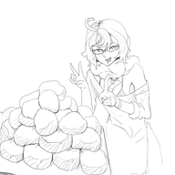 1girl abyssal ahoge artist:frequencyblue food glasses kantai_collection parody peace_sign short_hair sketch supply_depot_hime // 3000x3000 // 1.7MB