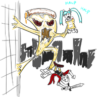 crossover dante devil_may_cry falling hatsune_miku miku monster pizza sword vocaloid // 750x750 // 300KB