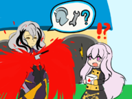 1boy 1girl blood colored confused fate_(series) fate_grand_order fire_emblem fire_emblem_three_houses first_aid lysithea odysseus parody pink_eyes stab sword white_hair // 795x595 // 188KB