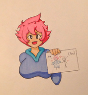 1girl artist:shamiranon kumatora mother_(series) pink_hair sign text traditional_medium // 1062x1152 // 1.4MB