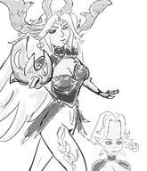 1girl artist:onion big_head breasts cleavage forehead ilyana khazan:_the_first_berserker looking_at_object medium_breasts monochrome sketch tagme text // 1050x1225 // 400KB