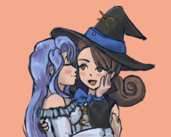 2girls aimu artist:pureo2 blue_hair blush brown_eyes brown_hair colored eyes_closed hat kiss nachi senran_kagura witch_hat yuri // 900x720 // 532KB