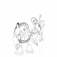 chainsaw crossover death female gun impaled inkling monochrome orz orz_space_marine power_armor sketch smile splatoon stab star_control // 512x512 // 25KB